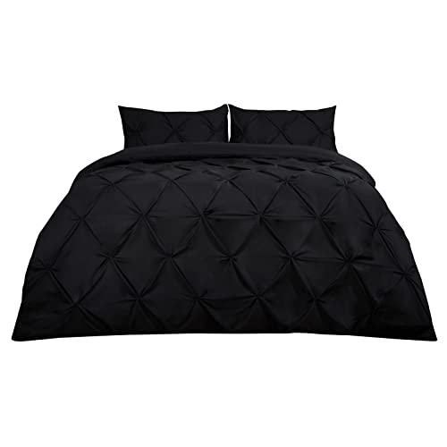 Highams Diamant Biesen Bettbezug mit Kissenbezug Luxus Pinch Pleat Bettwäsche-Set, Schwarz - Doppelbett von Highams