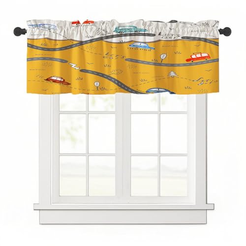 Highdi 1 Stück Kurzgardine Wohnzimmer Küchen, Gänseblümchenmuster Stangentasche Kurzer Scheibengardinen für Kleine Fenster,Kinderzimmer (Auto,137x45cm) von Highdi