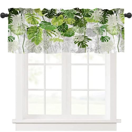 Highdi 1 Stück Kurzgardine Wohnzimmer Küchen, Stangentasche Kurzer Scheibengardinen für Kleine Fenster,Landhausstil Bistrogardine Kurzgardinen (Monstera,137 * 45cm) von Highdi