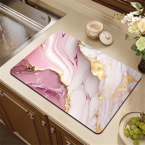 Highdi 2,5 mm Dicke Abtropfmatte Geschirr Mikrofaser, Kaffeematte Schnelltrocknend Saugfähig Kaffeemaschine Unterlage rutschfest Drying Mat für Küche Café Spüle Bad (Rosa Steinmuster 6,40x50cm) von Highdi