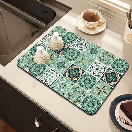 Highdi 2 Stück Abtropfmatte Geschirr, Marokko Muster Kaffeematte Schnelltrocknend Saugfähig Kaffeemaschine Unterlage Rutschfest Drying Mat Küche für Küche Café Spüle Bad (Grün,40x50cm) von Highdi