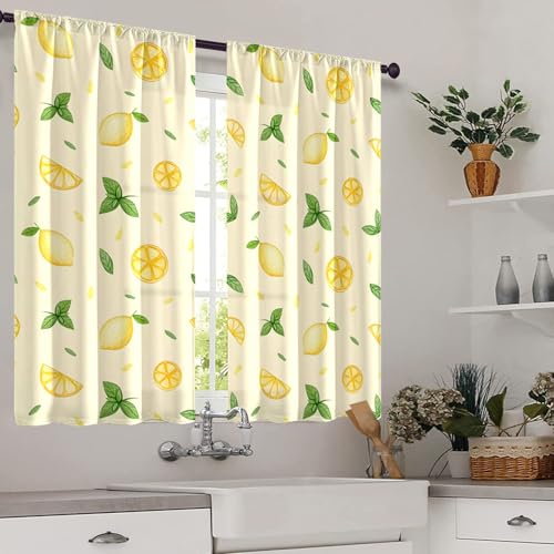 Highdi 2 Stück Kurzgardine Einfachheit Wohnzimmer Küchen, Kurzer Vorhang Fenster Durchscheinend Fenstergardinen, Bistrogardine Stab Tasche Halbe Fenster Behandlung (Zitrone,W80xL120cm) von Highdi