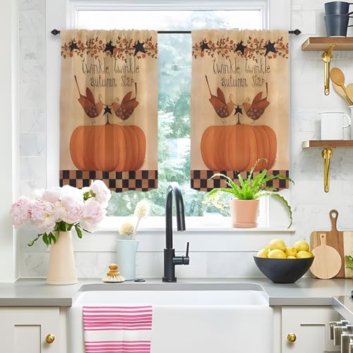 Highdi 2 Stück Kurzgardine Modern Wohnzimmer Küchen, Retro Kurzer Vorhang Fenster Durchscheinend Fenstergardinen, Bistrogardine Stab Tasche Halbe Fenster Behandlung (Kürbis,W80xL100cm) von Highdi