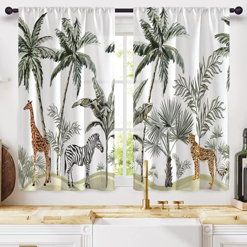 Highdi 2 Stück Kurzgardine Modern Wohnzimmer Küchen, Tiere Printing Kurzer Vorhang Fenster Durchscheinend Fenstergardinen, Bistrogardine Stab Tasche Halbe Fenster (Leoparden,W80xL150cm) von Highdi