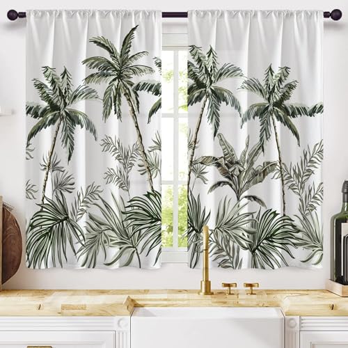 Highdi 2 Stück Kurzgardine Modern Wohnzimmer Küchen, Tiere Printing Kurzer Vorhang Fenster Durchscheinend Fenstergardinen, Bistrogardine Stab Tasche Halbe Fenster (Tropen,W80xL100cm) von Highdi