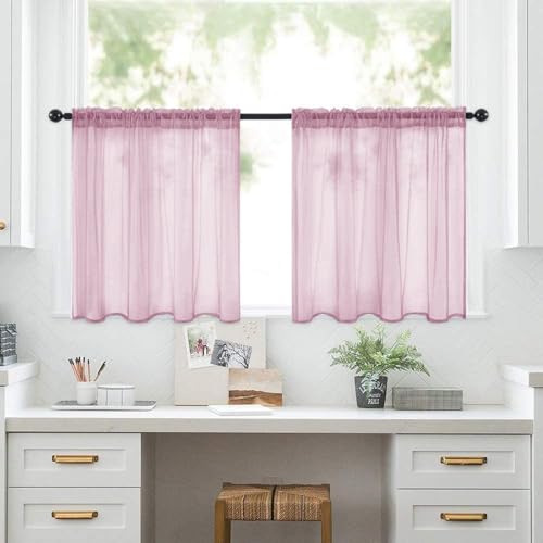 Highdi 2 Stück Kurzgardine Volltonfarbe Wohnzimmer Küchen, Stangentasche Kurzer Scheibengardinen für Kleine Fenster,Landhausstil Bistrogardine Küche Kurzgardinen (Rosa,B132 x H46 cm) von Highdi
