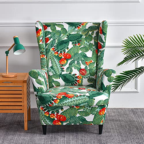 Highdi 2-Teilig Ohrensessel Bezug Sesselbezug Sesselüberwürfe Ohrensessel Überzug Elegant Blumen Stretch Sesselhusse mit Armlehne für Ohrensessel, Relaxsessel, Fernsehsessel (grüner Kaktus) von Highdi