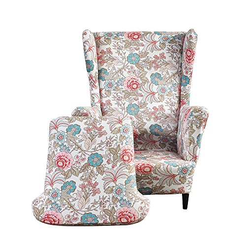 Highdi 2 Teilig Ohrensessel Überzug, Blumen Blätter Sessel-Überwürfe Ohrensessel Schonbezüge Bezug Sesselhusse Elastisch Stretch Tiger Stuhlbezug mit Armlehne Hohe Rückenlehne (rosa Blumen) von Highdi