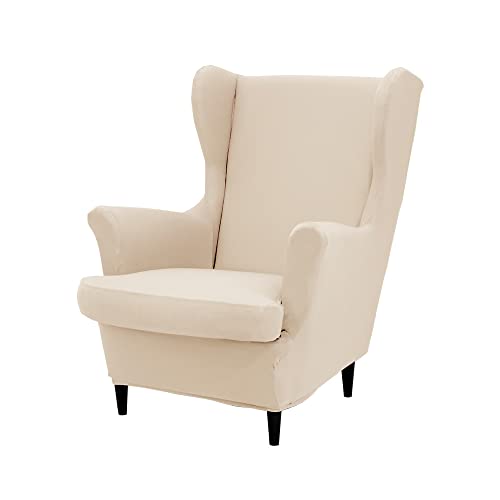 Highdi 2 Teilig Ohrensessel Überzug, Einfarbig Sessel-Überwürfe Ohrensessel Schonbezüge Bezug Elastisch Sesselhusse Stretch Tiger Stuhlbezug mit Armlehne Hohe Rückenlehne Universal (Beige) von Highdi