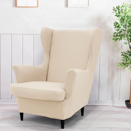 Highdi 2-Teilig Ohrensessel Überzug, Einfarbig Sesselüberwürfe Ohrensessel Schonbezüge Bezug Elastisch Sesselhusse Sesselbezug Tiger Stuhlbezug mit Armlehne Hohe Rückenlehne (Beige) von Highdi