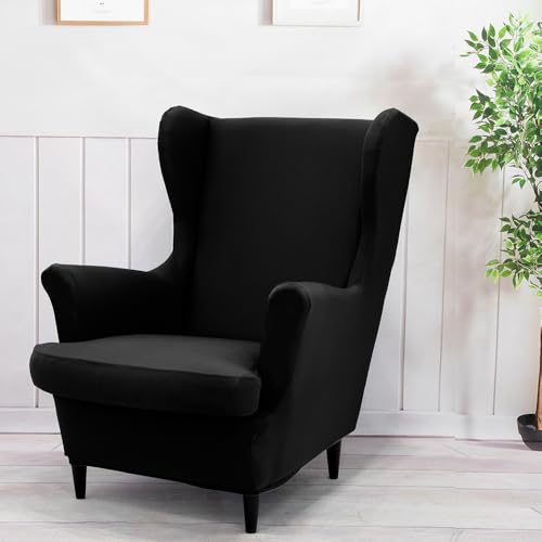 Highdi 2-Teilig Ohrensessel Überzug, Einfarbig Sesselüberwürfe Ohrensessel Schonbezüge Bezug Elastisch Sesselhusse Sesselbezug Tiger Stuhlbezug mit Armlehne Hohe Rückenlehne (Schwarz) von Highdi