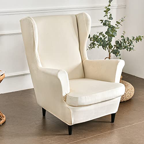 Highdi 2 Teilig Ohrensessel Überzug, Einfarbiger Samt Sessel-Überwürfe Ohrensessel Schonbezüge Bezug Sesselhusse Elastisch Tiger Stuhlbezug mit Armlehne Hohe Rückenlehne Universal (Beige) von Highdi