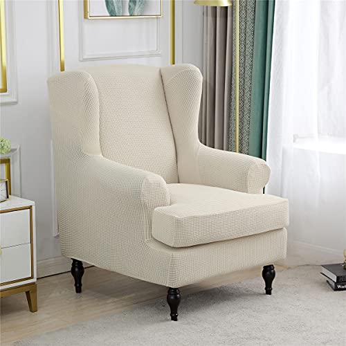 Highdi 2 Teilig Ohrensessel Überzug, Jacquard Sessel-Überwürfe Ohrensessel Schonbezüge Bezug Sesselhusse Elastisch Stretch Tiger Stuhlbezug mit Armlehne Hohe Rückenlehne Universal (Beige) von Highdi