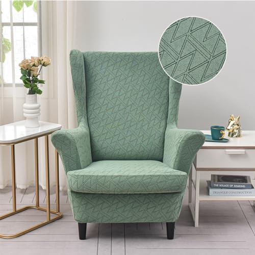 Highdi 2-Teilig Ohrensessel Überzug, Sessel-Überwürfe Ohrensessel Geometrie Jacquard Schonbezüge Bezug Sesselhusse Strandmon Tiger Stuhlbezug mit Armlehne Hohe Rückenlehne (Dunkelgrün) von Highdi