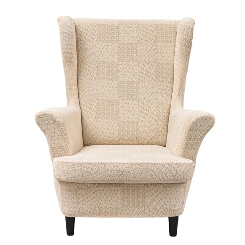 Highdi 2-Teilig Ohrensessel Überzug, Sessel-Überwürfe Ohrensessel Kariert Jacquard Schonbezüge Bezug Sesselhusse Strandmon Tiger Stuhlbezug mit Armlehne Hohe Rückenlehne (Beige) von Highdi