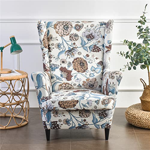 Highdi 2-Teilig Ohrensessel Überzug, Sessel-Überwürfe Ohrensessel Luxuriös Barock Drucken Schonbezüge Bezug Sesselhusse Strandmon Tiger Stuhlbezug mit Armlehne Hohe Rückenlehne (Blaue Blätter) von Highdi
