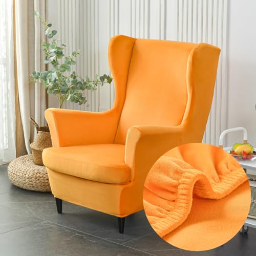 Highdi 2-Teilig Ohrensessel Überzug, Sessel-Überwürfe Ohrensessel Mode Einfarbig Samt Schonbezüge Bezug Sesselhusse Strandmon Tiger Stuhlbezug mit Armlehne Hohe Rückenlehne (Orange) von Highdi