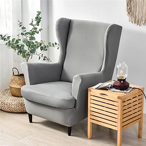 Highdi 2 Teilig Ohrensessel Überzug, Sessel-Überwürfe Ohrensessel Schonbezüge Bezug Sesselhusse Elastisch Stretch Stuhlbezug mit Armlehne Hohe Rückenlehne Universal (Hellgrau,Sesselhusse) von Highdi