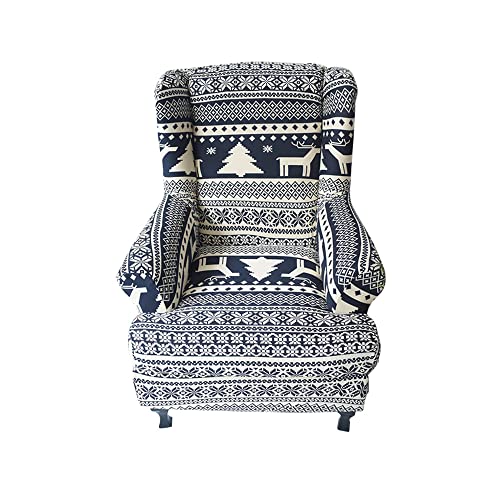 Highdi 2 Teilig Ohrensessel Überzug, Sessel-Überwürfe Ohrensessel Schonbezüge Bezug Sesselhusse Elastisch Stretch Tiger Stuhlbezug mit Armlehne Hohe Rückenlehne Universal (Blaue Weihnachten) von Highdi