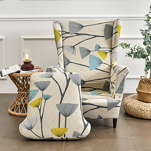 Highdi 2 Teilig Ohrensessel Überzug, Sessel-Überwürfe Ohrensessel Schonbezüge Bezug Sesselhusse Elastisch Stretch Tiger Stuhlbezug mit Armlehne Hohe Rückenlehne Universal (Schüssel Blumen) von Highdi