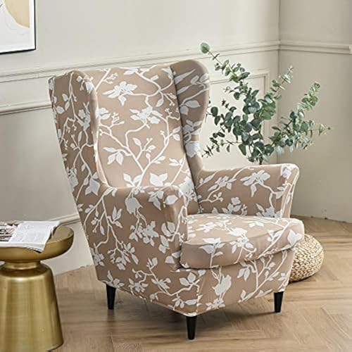 Highdi 2 Teilig Ohrensessel Überzug, Sessel-Überwürfe Ohrensessel Schonbezüge Bezug Sesselhusse Elastisch Stretch Tiger Stuhlbezug mit Armlehne Hohe Rückenlehne Universal (Zweig der weißen Blume) von Highdi
