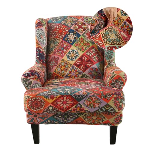 Highdi 2-Teilig Ohrensessel Überzug, Sesselüberwürfe Ohrensessel Schonbezüge Bezug Elastisch Sesselhusse Bohemian-Mandala Sesselbezug Tiger Stuhlbezug mit Armlehne Universal (Oranges Mandala) von Highdi