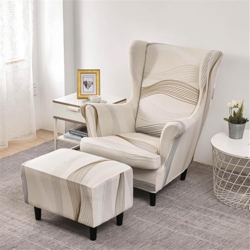 Highdi 2-Teilig Ohrensessel Überzug Mit Ottomane Schonbezug, Mode Sessel-Überwürfe Ohrensessel Schonbezüge Bezug Sesselhusse Strandmon Tiger Stuhlbezug mit Armlehne Hohe Rückenlehne (Beige) von Highdi