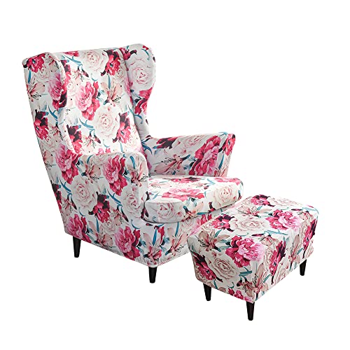 Highdi 2 Teilig Ohrensessel Überzug Mit Ottomane Schonbezug, Sessel-Überwürfe Ohrensessel Schonbezüge Bezug Sesselhusse Stretch Tiger Stuhlbezug mit Armlehne Hohe Rückenlehne (Pfingstrose) von Highdi