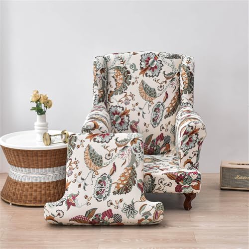 Highdi 2-Teilig Ohrensessel Überzug Sessel-Überwürfe Ohrensessel Mode Blume Drucken Schonbezüge Bezug Sesselhusse Strandmon Tiger Stuhlbezug mit Armlehne Hohe Rückenlehne (Boho-Blume) von Highdi