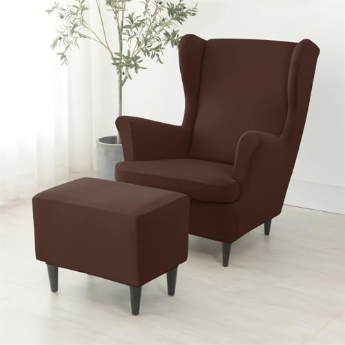 Highdi 2 Teilig Ohrensessel Überzug mit Ottomane Schonbezug, Sessel-Überwürfe Ohrensessel Schonbezüge Bezug Sesselhusse Stretch Tiger Stuhlbezug mit Armlehne Hohe Rückenlehne (braun) von Highdi