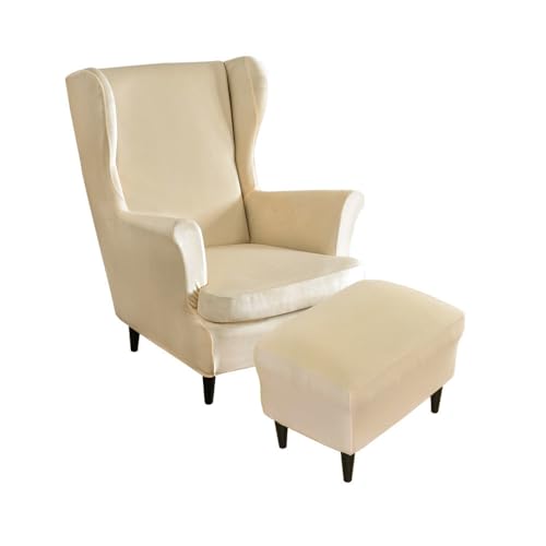 Highdi 2 Teilig Samt Ohrensessel Überzug Mit Ottomane Schonbezug, Sessel-Überwürfe Ohrensessel Schonbezüge Bezug Sesselhusse Stretch Tiger Stuhlbezug mit Armlehne Hohe Rückenlehne (Beige) von Highdi