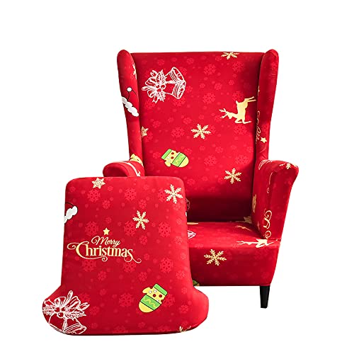 Highdi 2-Teilig Sesselbezug Ohrensessel Bezug, Mode Bedruckter Sesselüberwürfe - Elastisch Spandex Sesselhusse mit Armlehne für Ohrensessel , Fernsehsessel, Relaxsessel (Rote Weihnachten) von Highdi