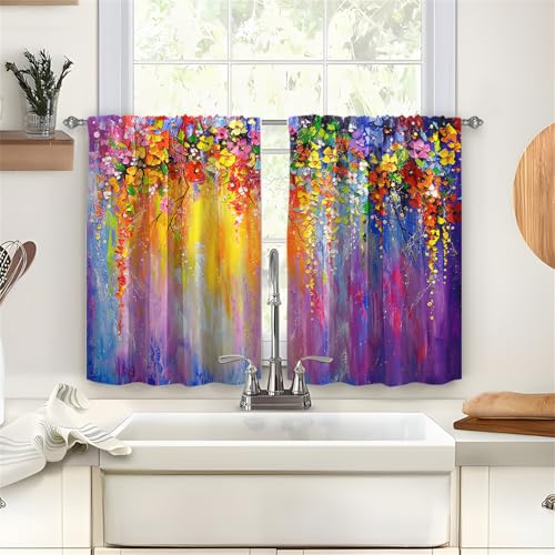 Highdi 2er Set Kurzgardinen Modern für Küche, Küchengardinen Scheibengardinen mit Rod Tasche Fenstervorhang Kurz lichtfilternd Vorhänge Kaffeehaus (Ölgemälde,90 * 60cm) von Highdi