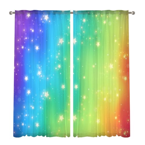 Highdi 2er Set Voile Vorhang Gradient Transparente Gardine aus Voile Polyester Halbtransparent Dekoschal mit Rod Pocket für Wohnzimmer Schlafzimmer (Regenbogen,W108*H137CM) von Highdi
