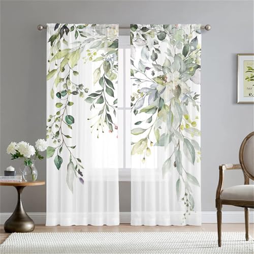 Highdi 2er Set Voile Vorhang Transparente Gardine aus Voile Polyester Halbtransparent Dekoschal mit Rod Pocket für Wohnzimmer Schlafzimmer (Nordische Blätter,W108*H245CM) von Highdi