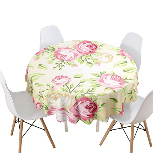 Highdi 3D Blumen Druck Rund Tischdecke Abwaschbar, Wasserdicht Lotuseffekt Antifouling Rund Tischdecken Polyester Tischtuch für Home Küche Dekoration Garten (Durchmesser 120cm,Elegante Rose) von Highdi