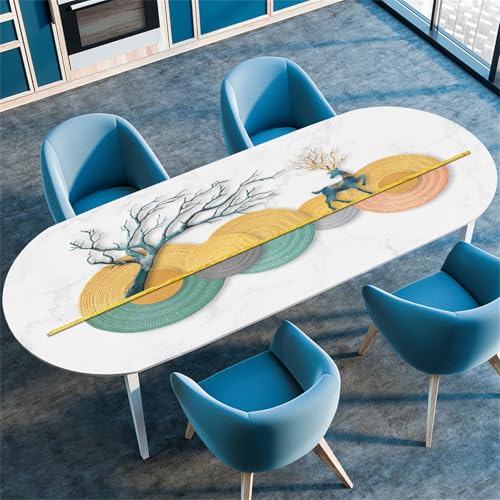 Highdi 3D Elastische Tischdecke Oval Abwaschbar, Spanntischdecke Oval Gartentischdecke Outdoor Oval Tischdecke mit Gummizug für Esszimmer, Küche (132x178cm(52"x70"),Weinlese-Baum 1) von Highdi