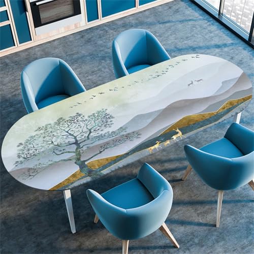 Highdi 3D Elastische Tischdecke Oval Abwaschbar, Spanntischdecke Oval Gartentischdecke Outdoor Oval Tischdecke mit Gummizug für Esszimmer, Küche (91x152cm(36"x60"),Weinlese-Baum 4) von Highdi
