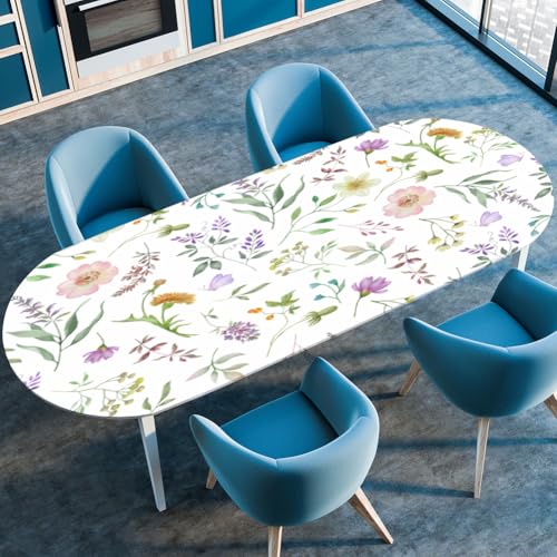 Highdi 3D Elastische Tischdecke Oval Abwaschbar, Spanntischdecke Oval Gartentischdecke Outdoor Tischdecke mit Gummizug für Esszimmer, Küche (Blumenmotive 5,91x152cm) von Highdi