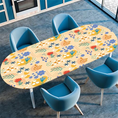Highdi 3D Elastische Tischdecke Oval Abwaschbar, Spanntischdecke Oval Gartentischdecke Outdoor Tischdecke mit Gummizug für Esszimmer, Küche (Einfache Blume 4,91x152cm) von Highdi