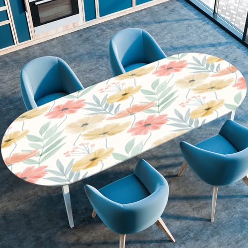 Highdi 3D Elastische Tischdecke Oval Abwaschbar, Spanntischdecke Oval Gartentischdecke Outdoor Tischdecke mit Gummizug für Esszimmer, Küche (Schicke Blumen 3,107x173cm) von Highdi