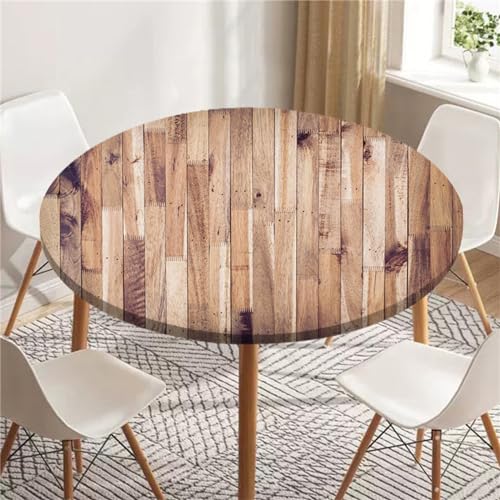 Highdi 3D Elastische Tischdecke Rund Abwaschbar, Spanntischdecke Rund Gartentischdecke Outdoor Round Tischdecke mit Gummizug für Esszimmer, Küche und Picknick (100cm,einfaches Holz 2) von Highdi