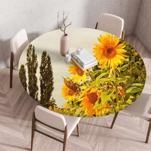 Highdi 3D Elastische Tischdecke Rund Abwaschbar, Spanntischdecke Rund Gartentischdecke Outdoor Round Tischdecke mit Gummizug für Esszimmer, Küche und Picknick (140cm,Sonnenblume 5) von Highdi