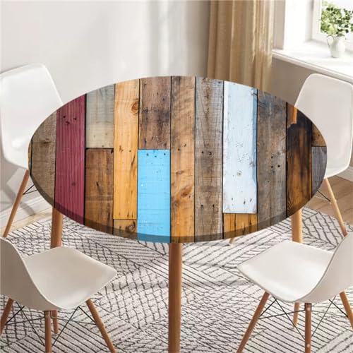 Highdi 3D Elastische Tischdecke Rund Abwaschbar, Spanntischdecke Rund Gartentischdecke Outdoor Round Tischdecke mit Gummizug für Esszimmer, Küche und Picknick (60cm,einfaches Holz 1) von Highdi
