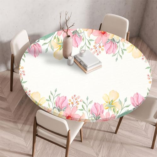 Highdi 3D Elastische Tischdecke Rund Abwaschbar, Spanntischdecke Rund Gartentischdecke Outdoor Round Tischdecke mit Gummizug für Esszimmer, Küche und Picknick (70cm,Kunstblume 8) von Highdi