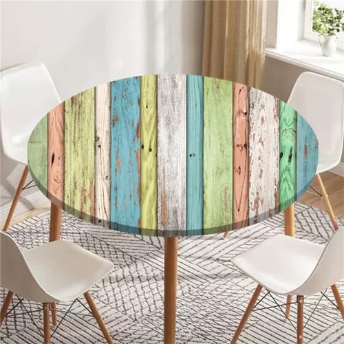 Highdi 3D Elastische Tischdecke Rund Abwaschbar, Spanntischdecke Rund Gartentischdecke Outdoor Round Tischdecke mit Gummizug für Esszimmer, Küche und Picknick (70cm,einfaches Holz 5) von Highdi