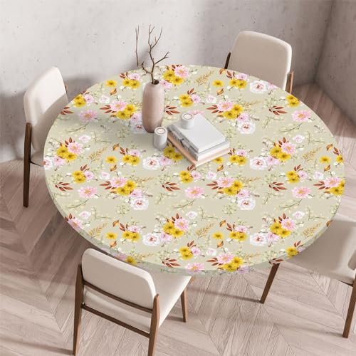Highdi 3D Elastische Tischdecke Rund Abwaschbar, Spanntischdecke Rund Gartentischdecke Outdoor Round Tischdecke mit Gummizug für Esszimmer, Küche und Picknick (90cm,Kunstblume 6) von Highdi