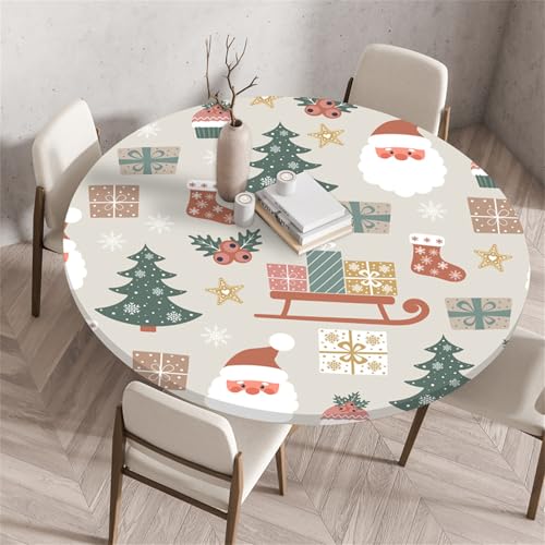 Highdi 3D Elastische Tischdecke Rund Abwaschbar, Spanntischdecke Rund Gartentischdecke Outdoor Round Tischdecke mit Gummizug für Esszimmer (100cm,Fröhliche Weihnachten 1) von Highdi