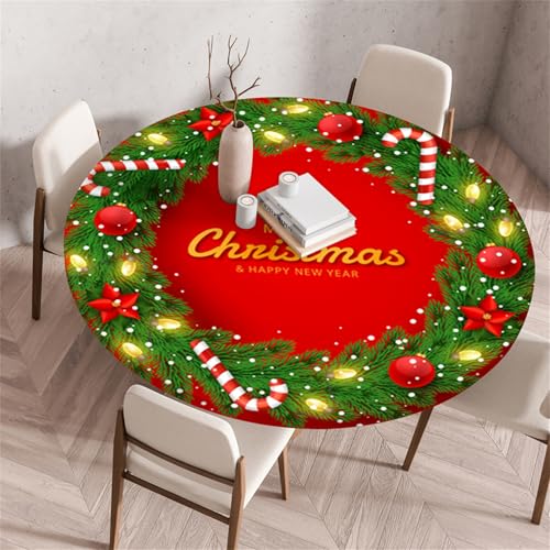 Highdi 3D Elastische Tischdecke Rund Abwaschbar, Spanntischdecke Rund Gartentischdecke Outdoor Round Tischdecke mit Gummizug für Esszimmer (100cm,Fröhliche Weihnachten 2) von Highdi