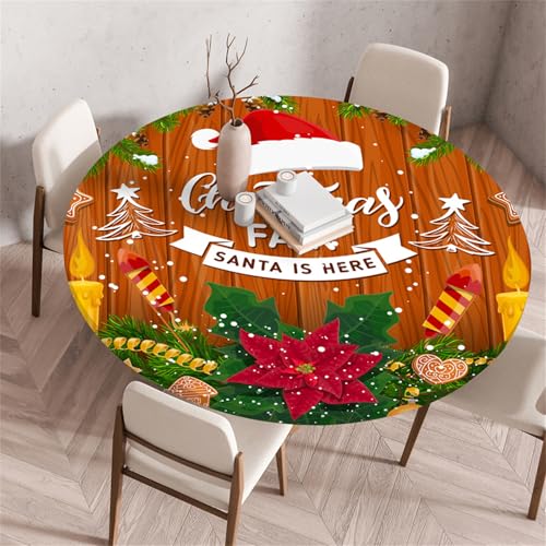Highdi 3D Elastische Tischdecke Rund Abwaschbar, Spanntischdecke Rund Gartentischdecke Outdoor Round Tischdecke mit Gummizug für Esszimmer (120cm,Fröhliche Weihnachten 6) von Highdi